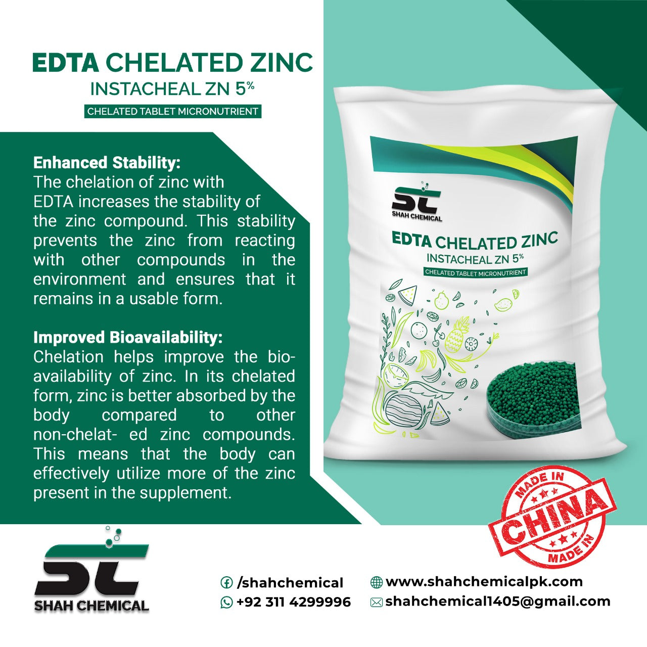 SHAH CHEMICALS EDTA Chelated ZINC instacheal ZN 5% - 25 kg pack SHAH CHEMICALS