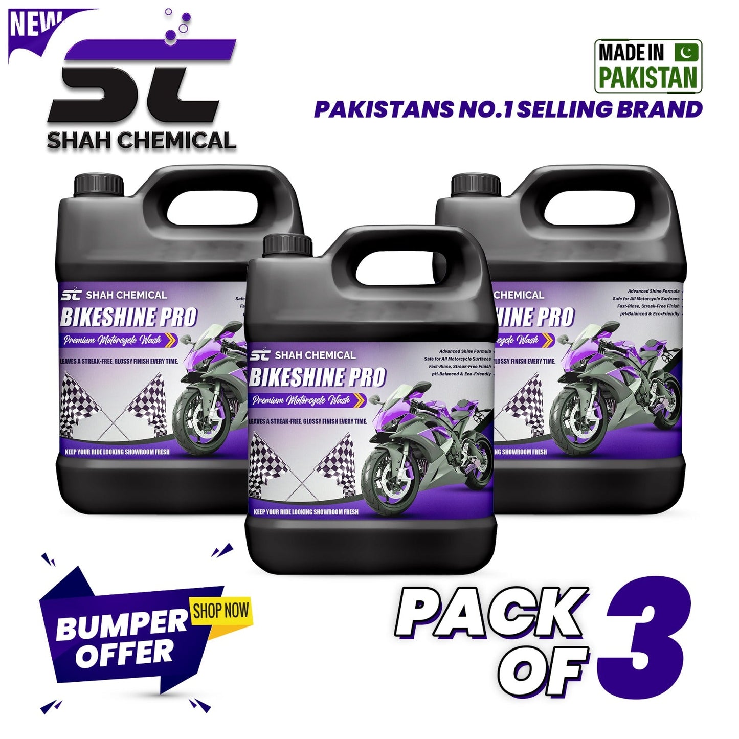 Pack Of 3 BIKESHINE PRO ( Premium Motorcycle Wash ) - 4 litre
