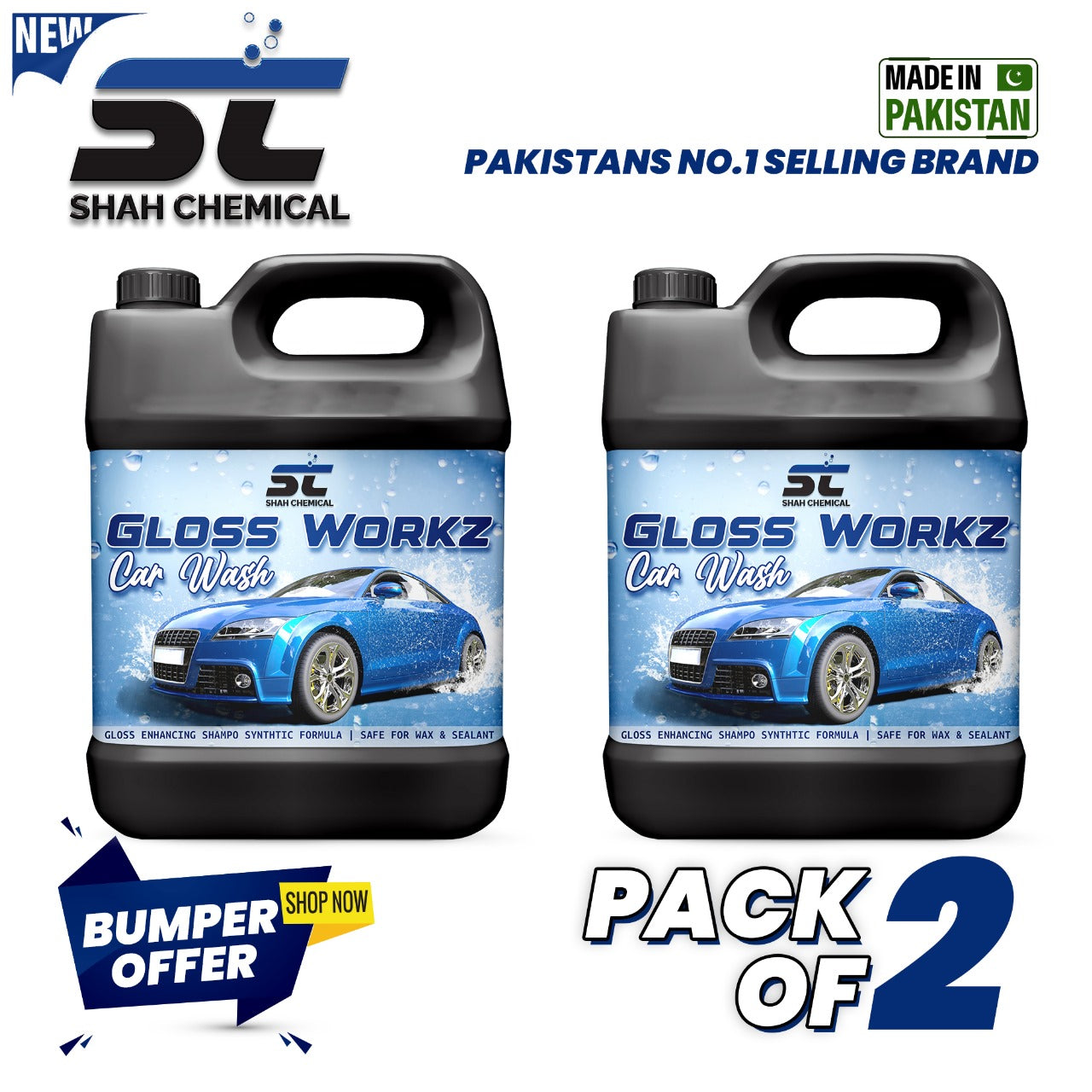 SHAH CHEMICALS Pack of 2 Gloss Workz Auto wash car wash shampoo - 4 litre SHAH CHEMICALS