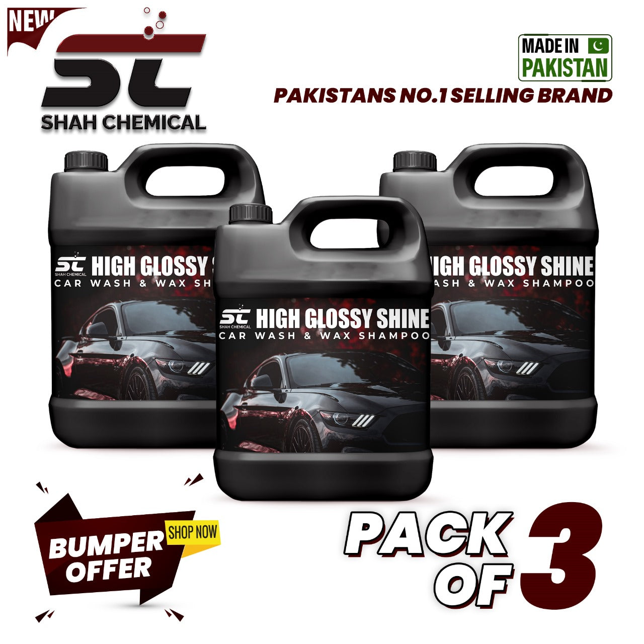 SHAH CHEMICALS Pack of 3 High Glossy Shine Car Wash shampoo & Wax Shampoo - 4 Litre SHAH CHEMICALS