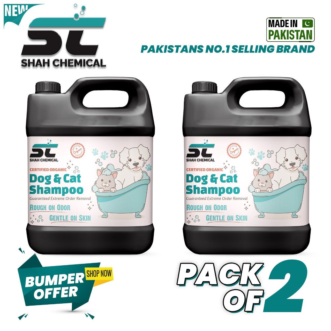 Pack of 2 Organic Dogs, Cat and All Pets Shampoo - 4 litre