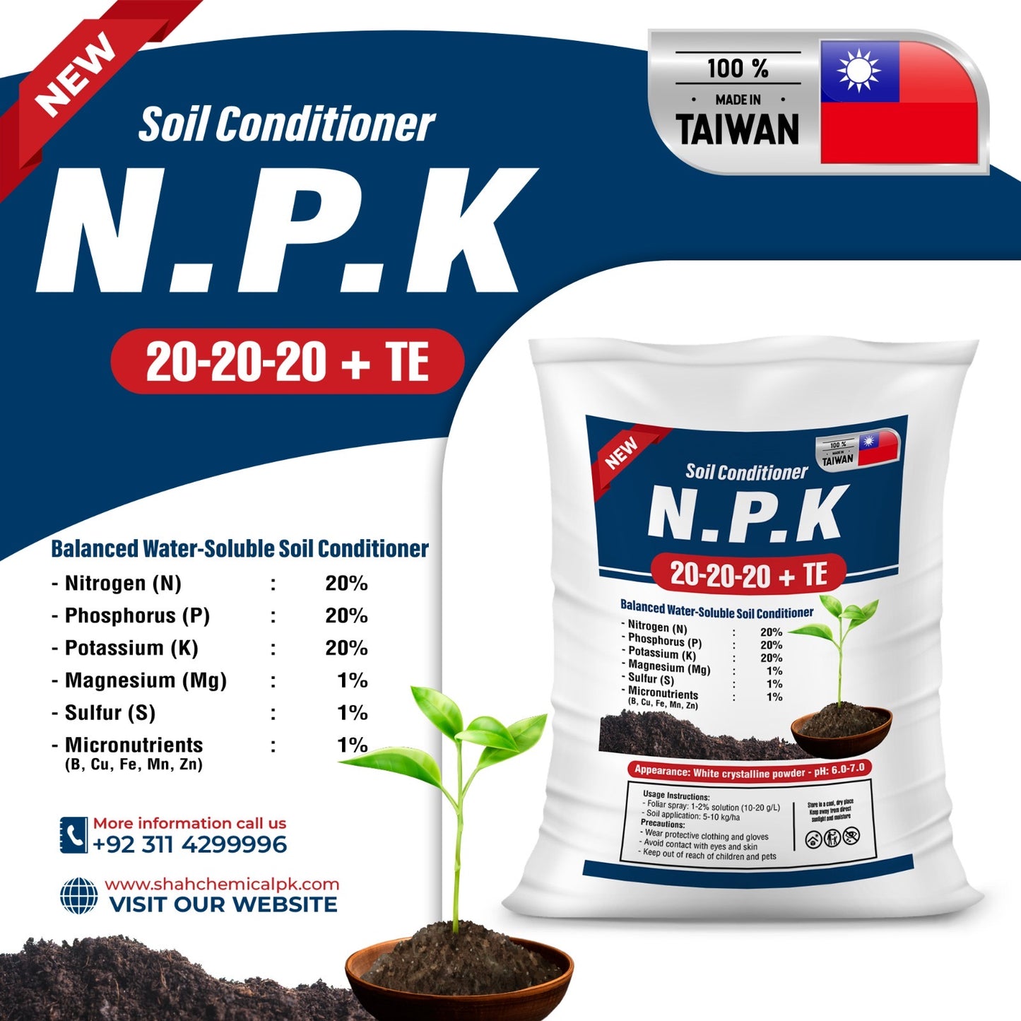 N.P.K 20-20-20+TE Soil Conditioner Made In Taiwan (Powder Form) - 25 kg Pack