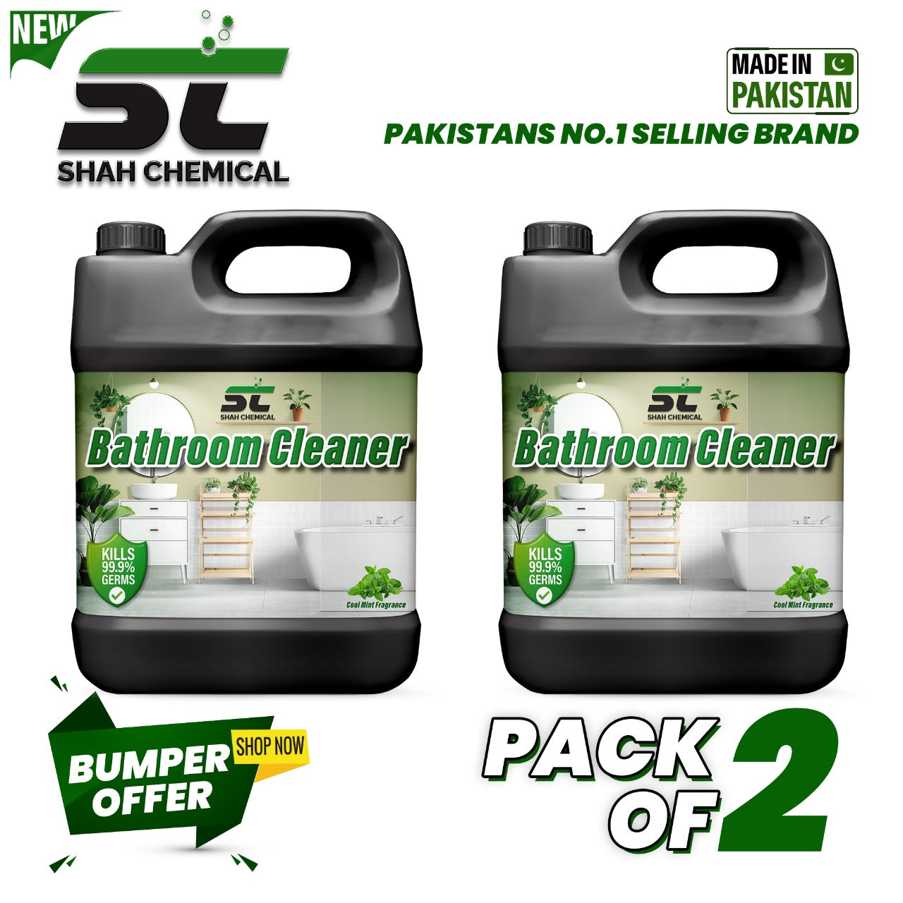 SHAH CHEMICALS Anti-Bacterial Bathroom Cleaner Cool Mint Fragrance -Pack of 2 - 4 litre SHAH CHEMICALS