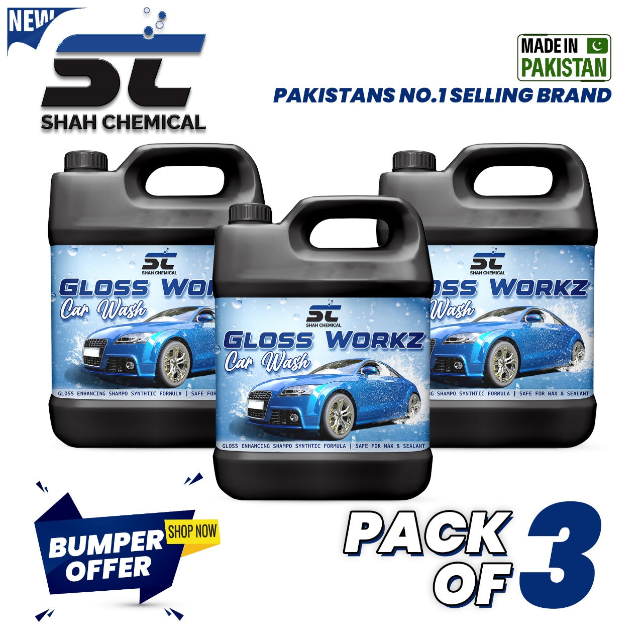 SHAH CHEMICALS Pack of 3 Gloss Workz Auto wash car wash shampoo - 4 litre SHAH CHEMICALS