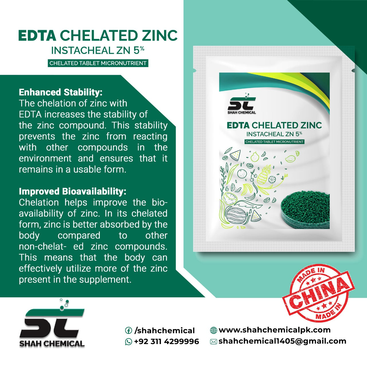 SHAH CHEMICALS EDTA Chelated ZINC instacheal ZN 5% - 1 kg pack SHAH CHEMICALS