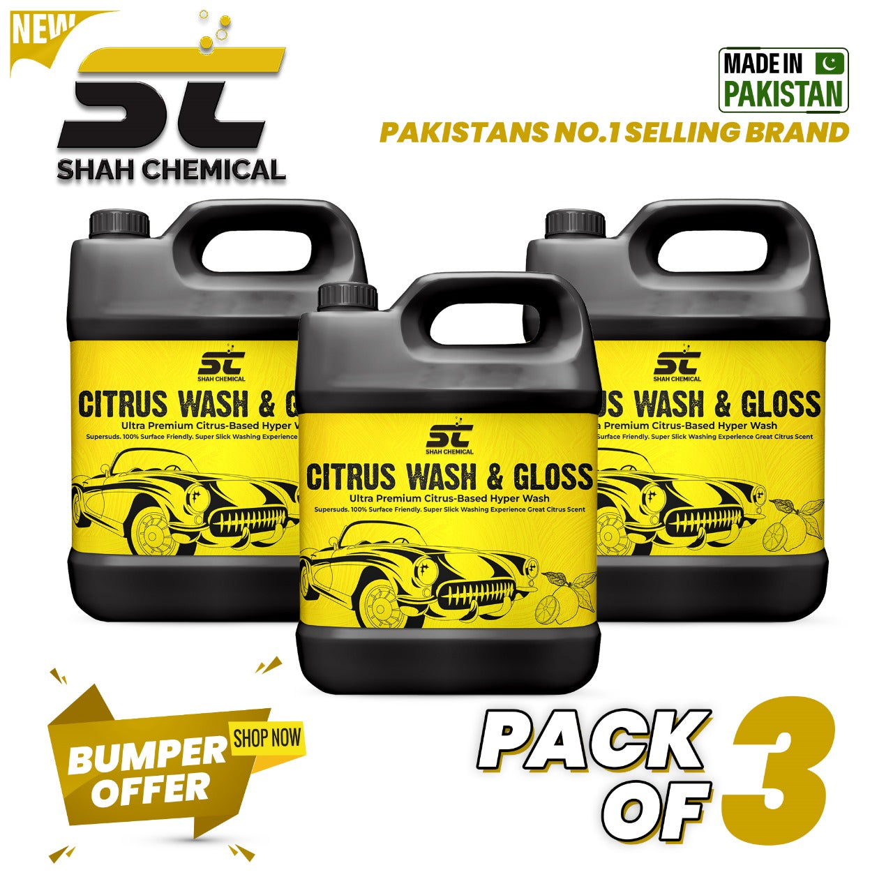 SHAH CHEMICALS Pack of 3 Citrus car wash & wax shampoo - 4 litre SHAH CHEMICALS 