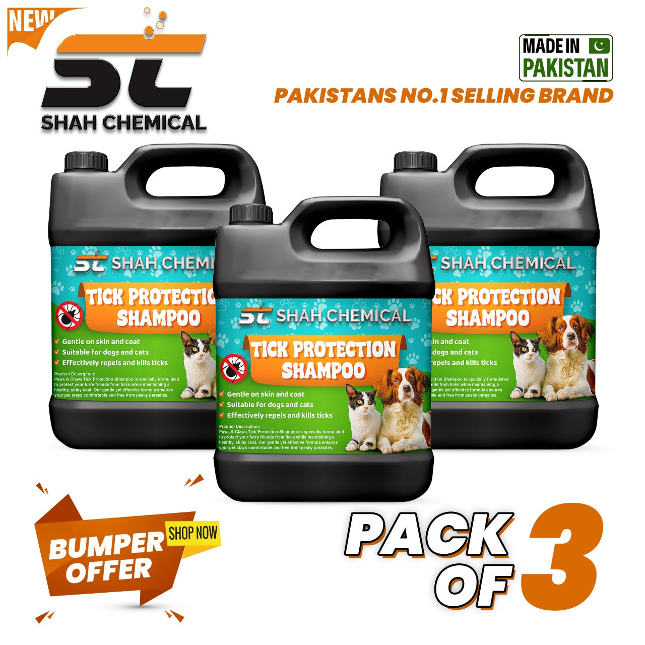 Pack Of 3 Tick Protection Shampoo (Dogs And Cats) - 4 Litre