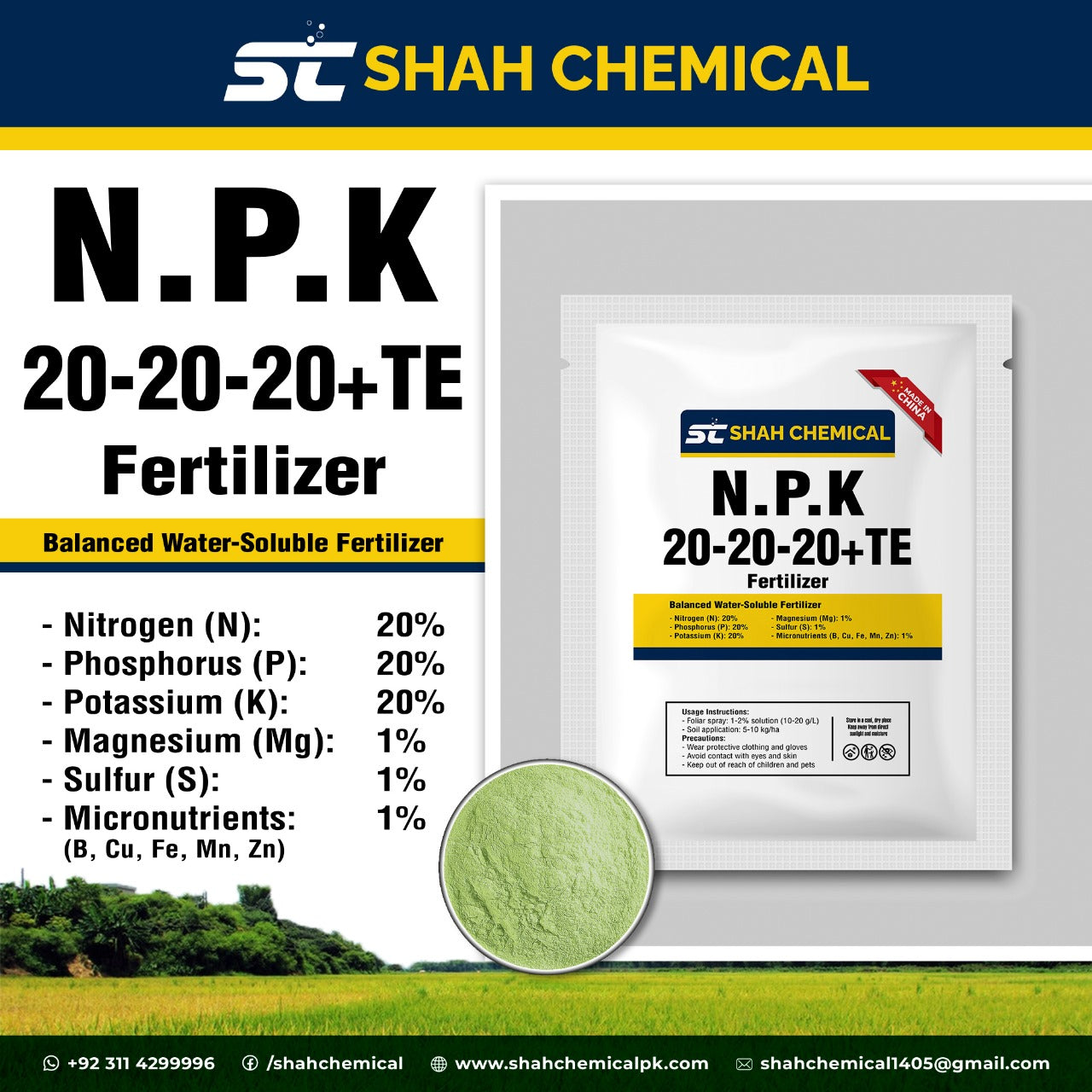 N.P.K 20-20-20+TE  Fertilizer Made In China (Powder Form) - 1 kg Pack